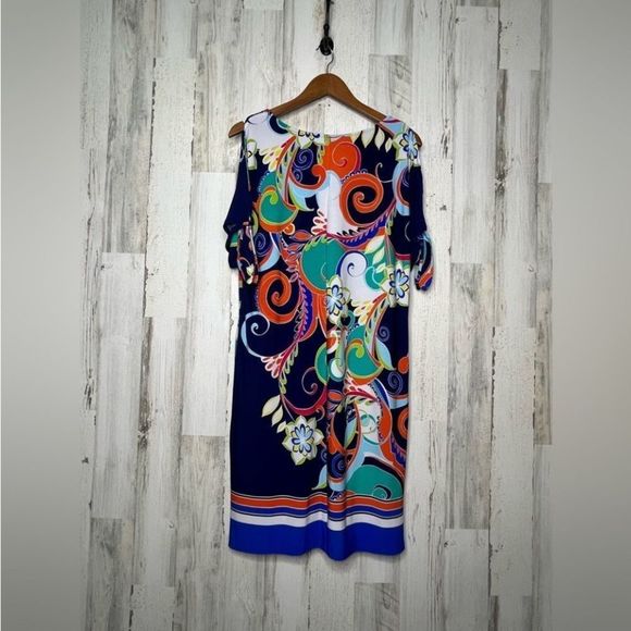 Ronni Nicole Women's Abstract Paisley Cold Shoulder Dress Blue Orange Size 12 - Picture 3 of 16